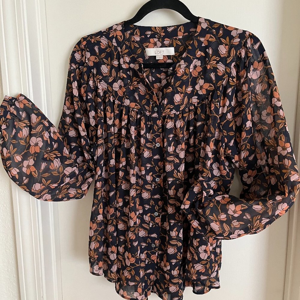 Loft Blouse , Sheer, black with coral, mauve flowers